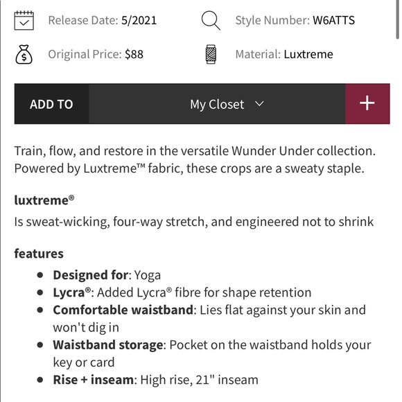 Wunder under crop 21” luxtreme red merlot size 2 lululemon nwt - Picture 11 of 11